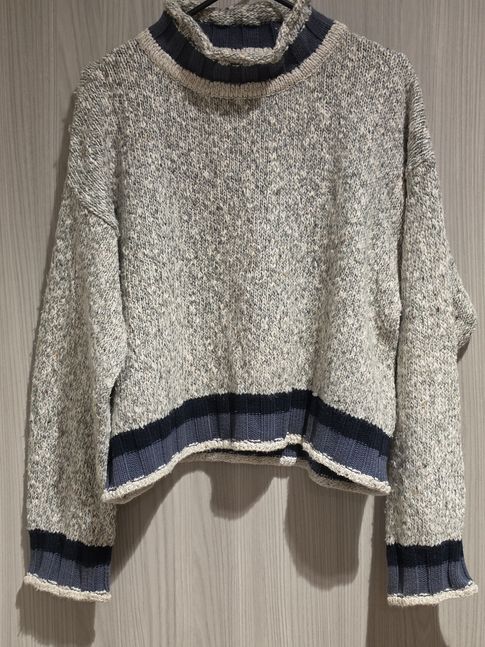 Textured Cream Cropped Sweater with Navy Trim